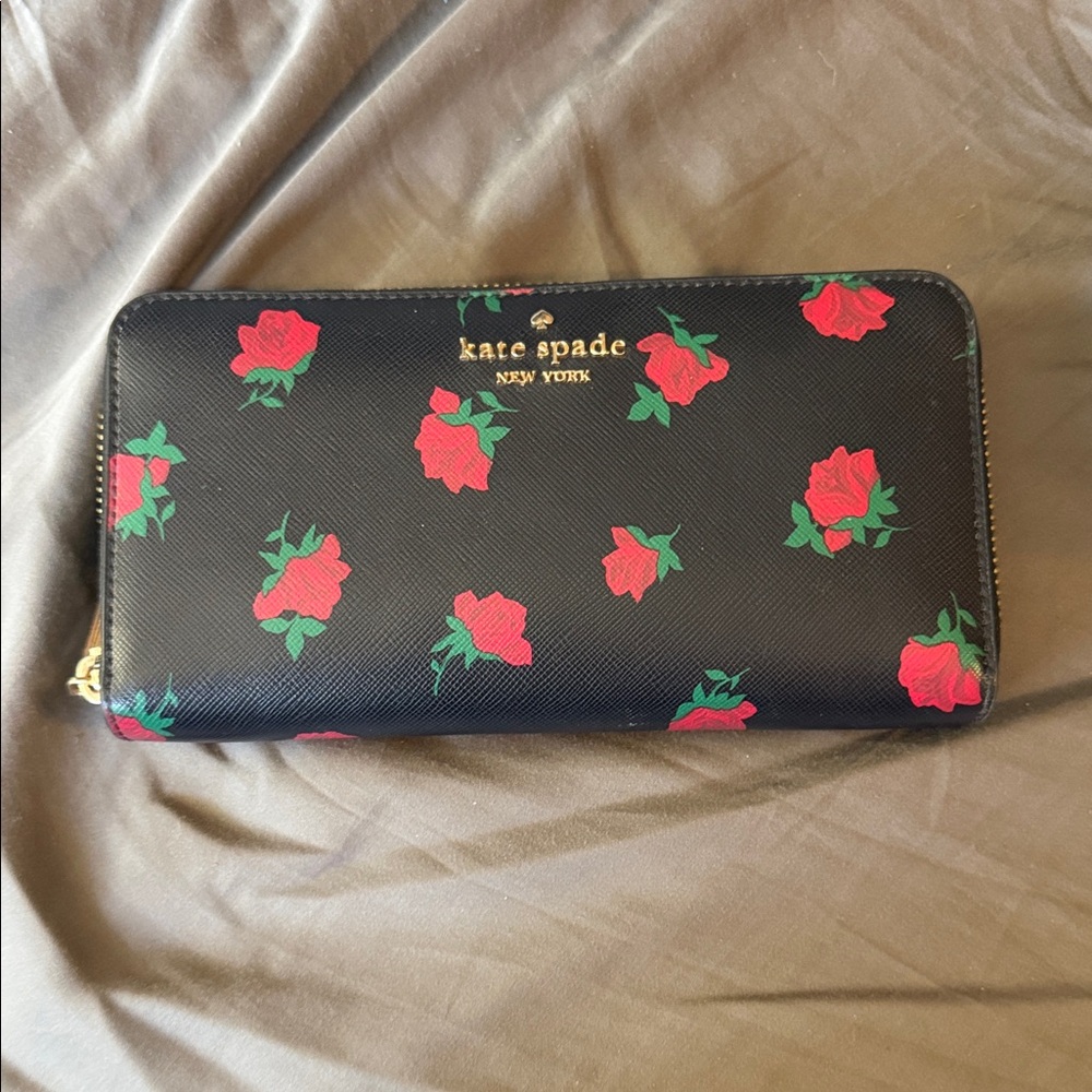 kate spade Black Zip-Around Wallet with Red Rose Print